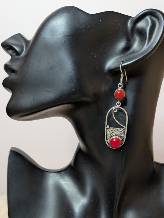 Jewelry - VTG 925 Sterling Silver Red Coral Earrings Western Bali Boho Dangle + FREE GIFT
